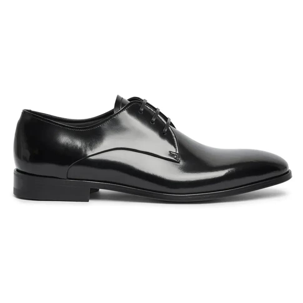 Handgefertigte schwarze Derby Schnürschuhe aus Leder