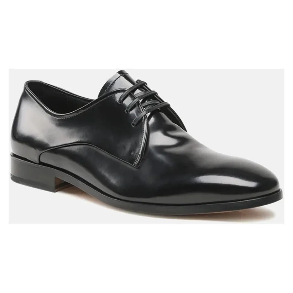 Handgefertigte schwarze Derby Schnürschuhe aus Leder
