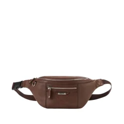 Haselnussleder Bauchtasche mit Kreuzstich und Metall-Logoplatte