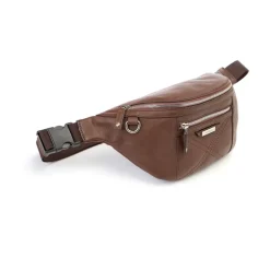 Haselnussleder Bauchtasche mit Kreuzstich und Metall-Logoplatte