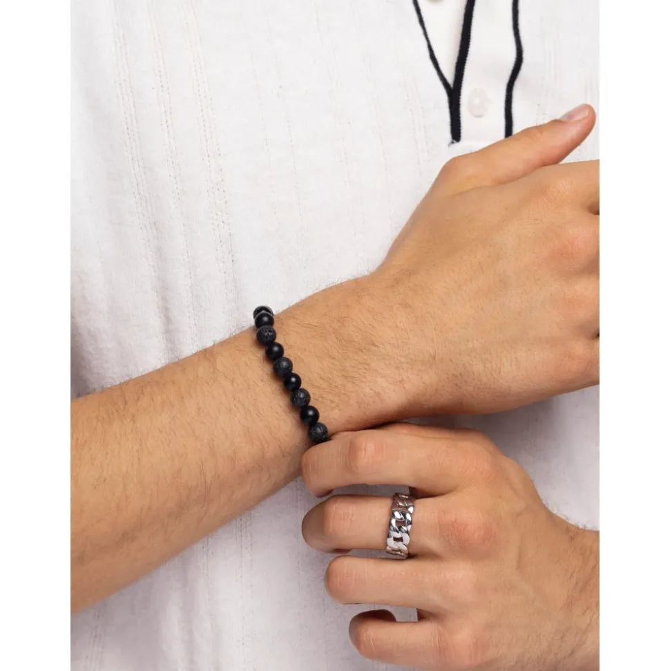 Herren Armband mit Lavastein, mattem Onyx und schwarzer Logo-Kugel