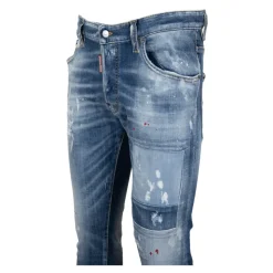 Herren Knopf Jeans mit Leder Patch