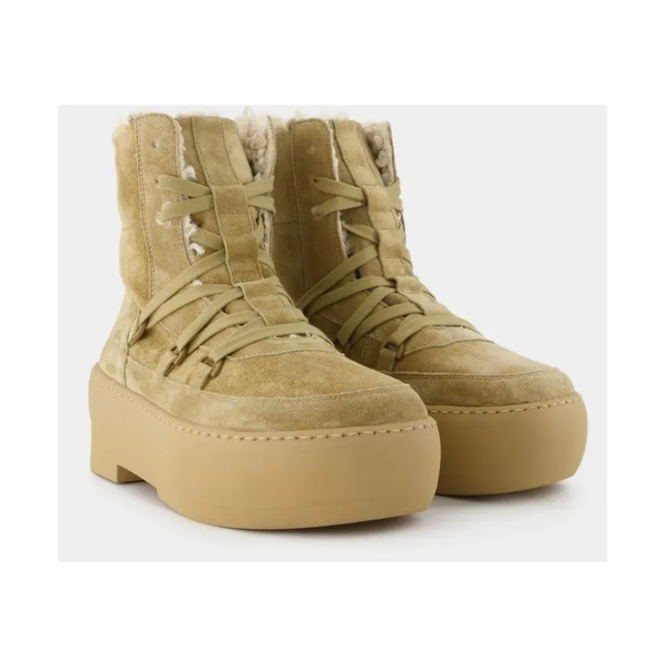 Klobige Sohle-Schnürstiefel in Beige Leder