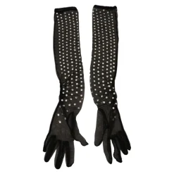 Kristallverzierte Mesh-Handschuhe Schwarz Baumwolle Italien