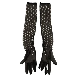 Kristallverzierte Mesh-Handschuhe Schwarz Baumwolle Italien