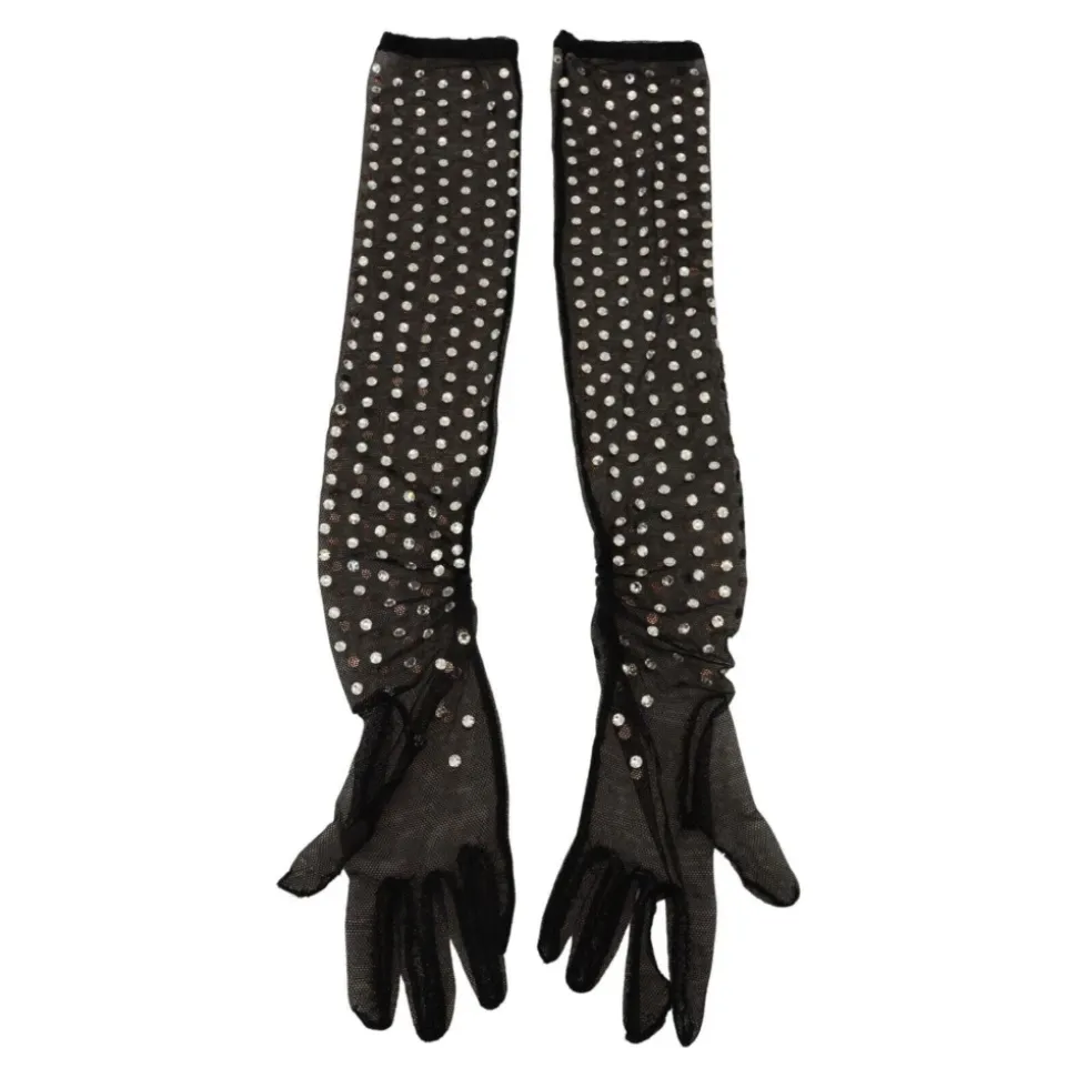 Kristallverzierte Mesh-Handschuhe Schwarz Baumwolle Italien