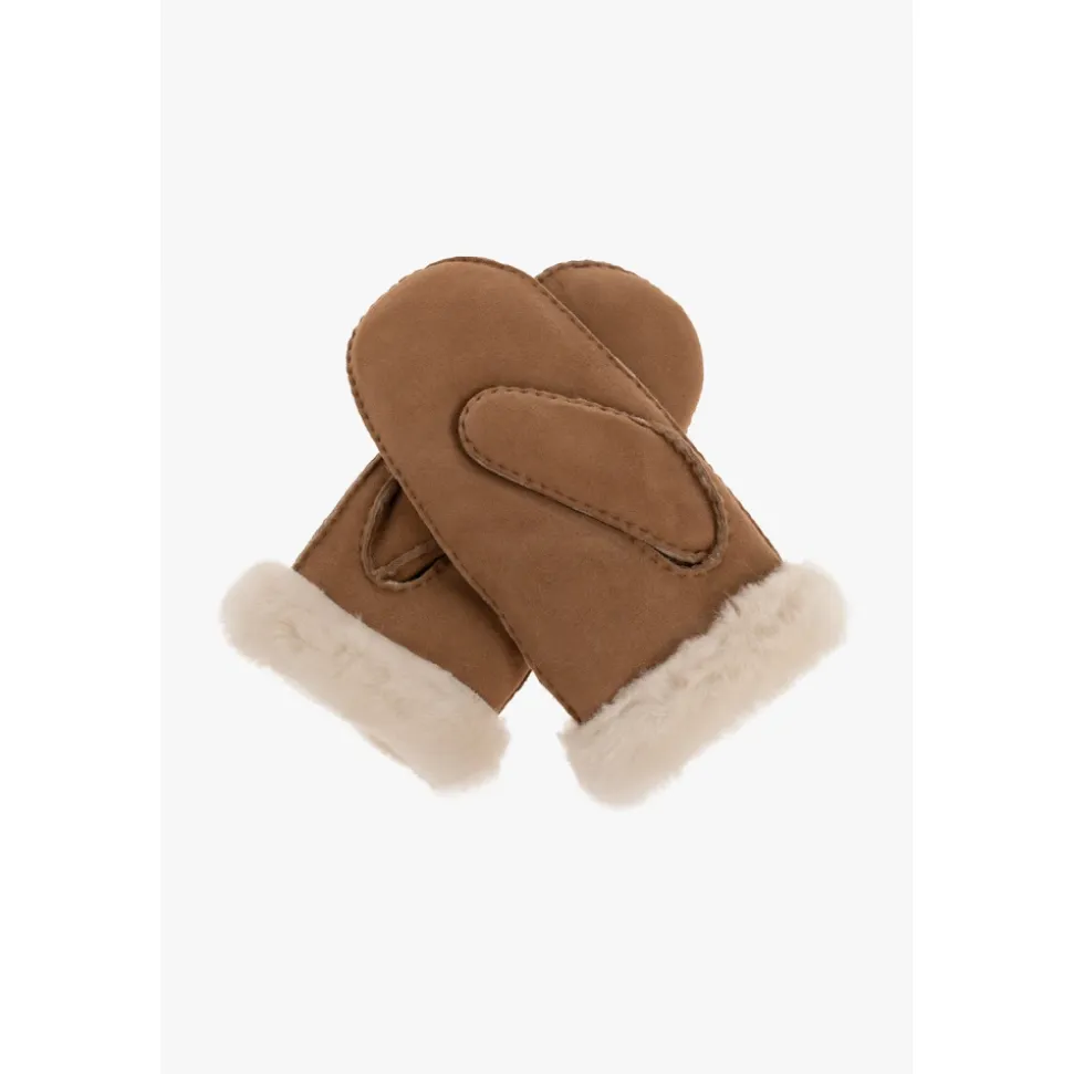 Lammfell-Fäustlinge mit Stickerei Chestnut