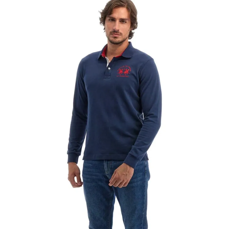 Langarm-Polo in Blau mit rotem Logo