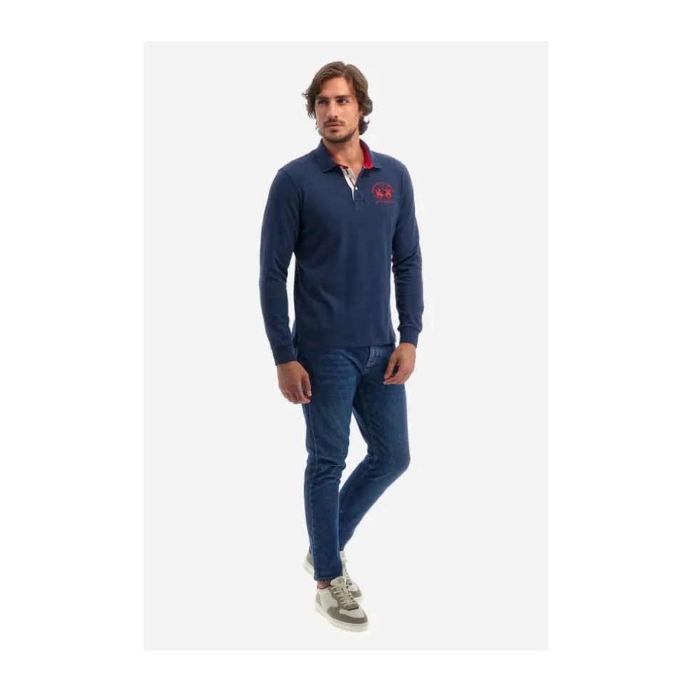 Langarm-Polo in Blau mit rotem Logo