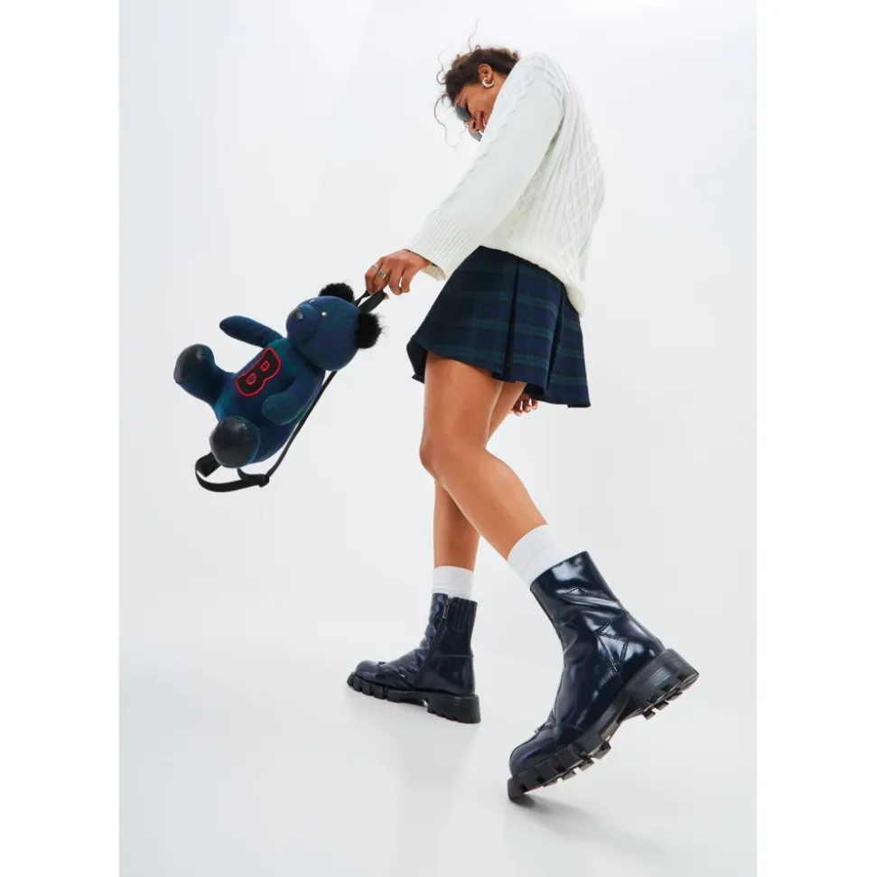 Leder flache Sohle Knöchelstiefel - Blau