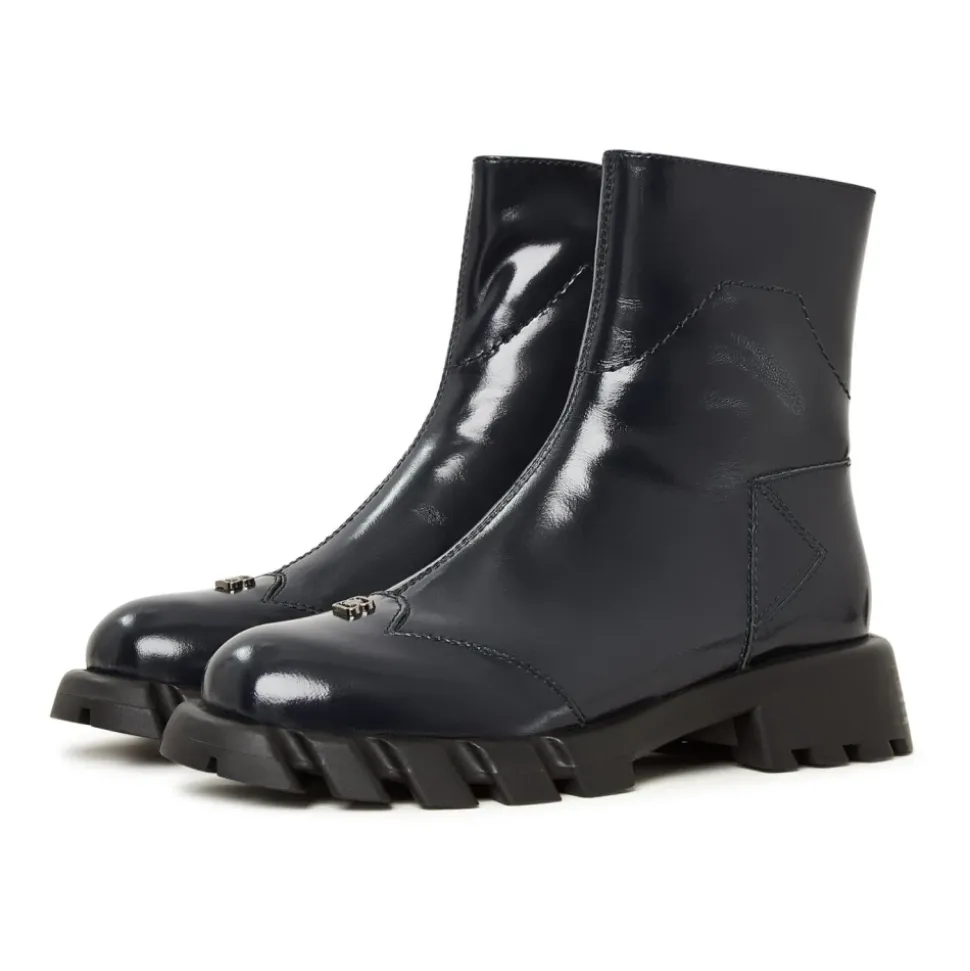 Leder flache Sohle Knöchelstiefel - Blau