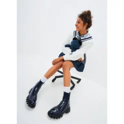 Leder flache Sohle Knöchelstiefel - Blau