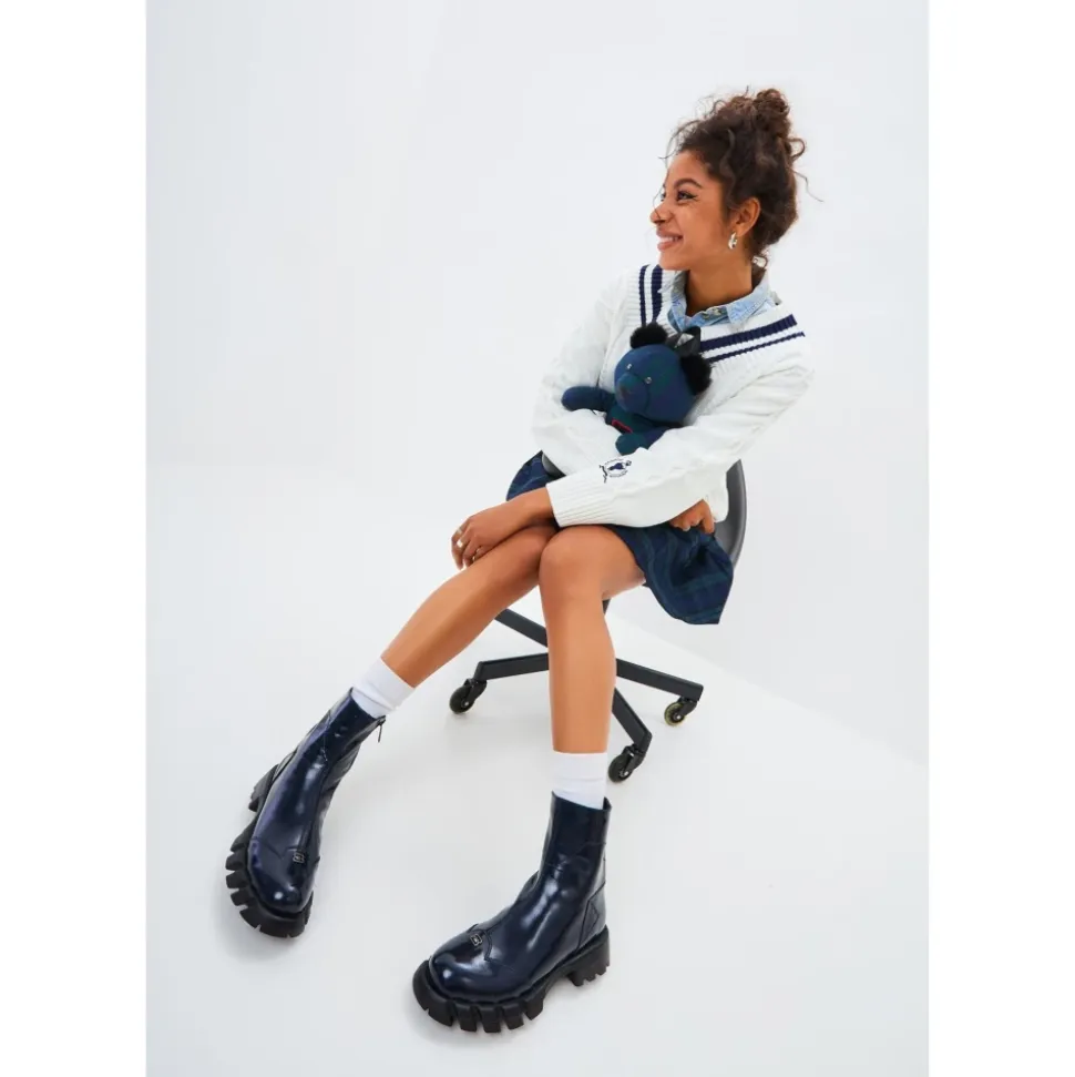 Leder flache Sohle Knöchelstiefel - Blau