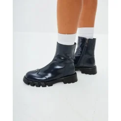 Leder flache Sohle Knöchelstiefel - Blau