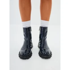 Leder flache Sohle Knöchelstiefel - Blau