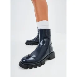 Leder flache Sohle Knöchelstiefel - Blau