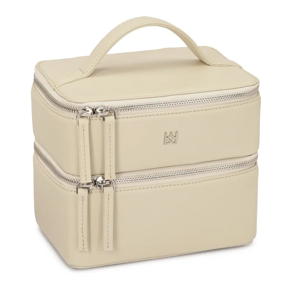 Leder-Kosmetiktasche mit Spiegel und Pinselhaltern