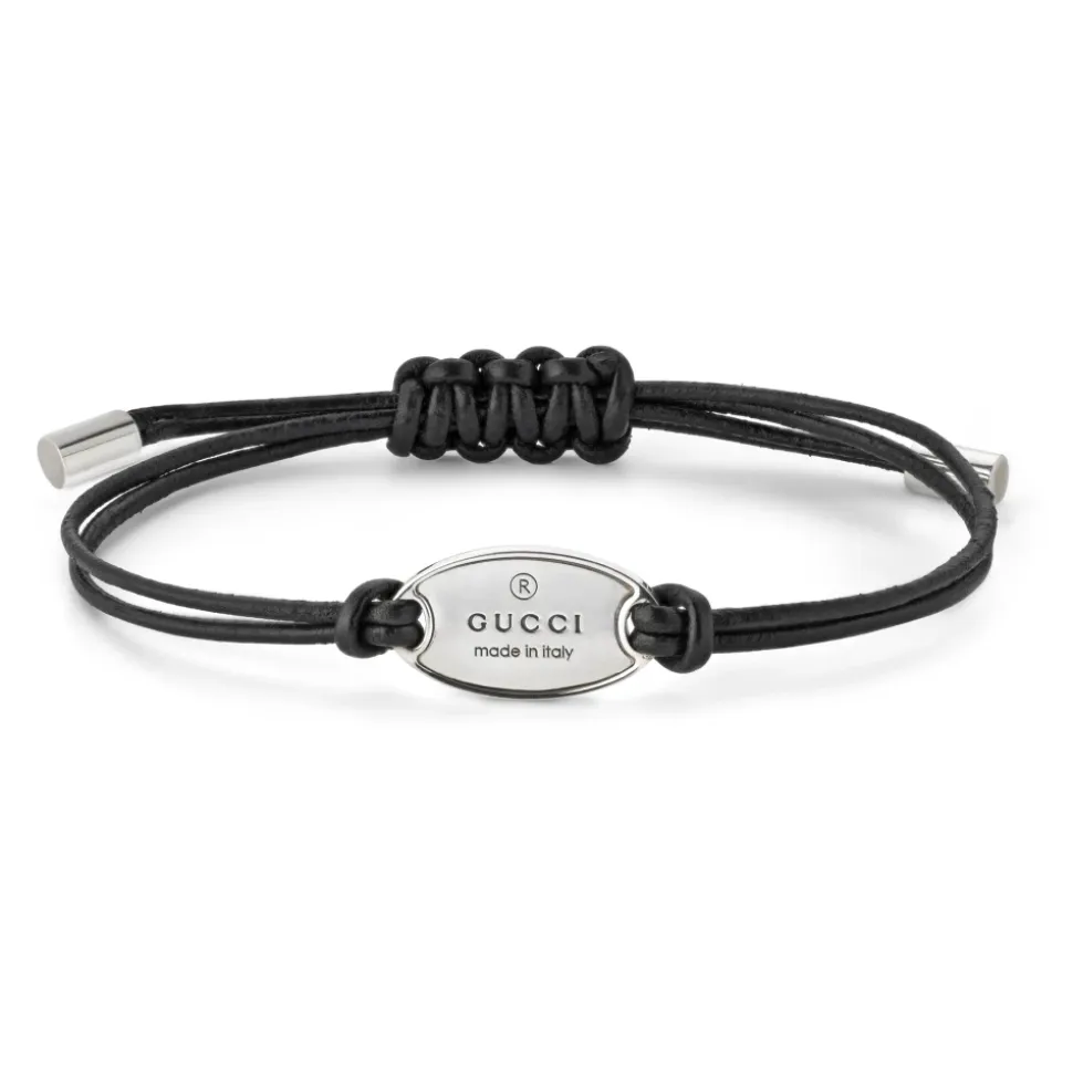 Markenarmband aus Sterlingsilber und schwarzem Lederband mit ovalem Anhänger