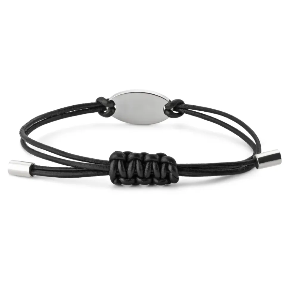Markenarmband aus Sterlingsilber und schwarzem Lederband mit ovalem Anhänger