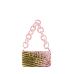 Mehrfarbige Perlenhandtasche mit rosa Griff