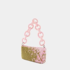 Mehrfarbige Perlenhandtasche mit rosa Griff