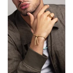 Men's Beige String Bracelet with Adjustable Gold Lock