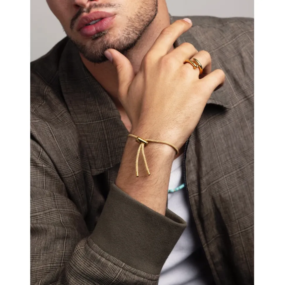 Men's Beige String Bracelet with Adjustable Gold Lock