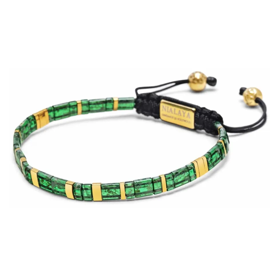 Men's Bracelet with Marbled Green and Gold Miyuki Tila Beads