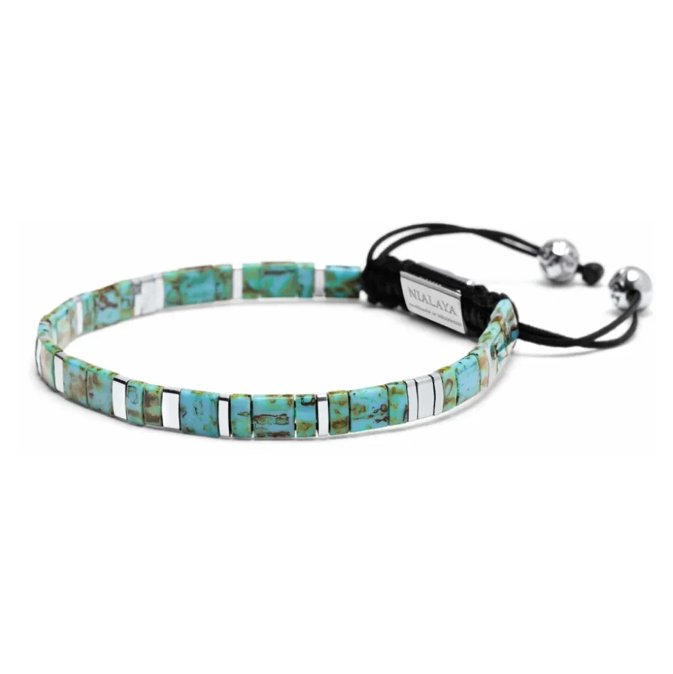 Men's Bracelet with Marbled Turquoise and Silver Miyuki Tila Beads