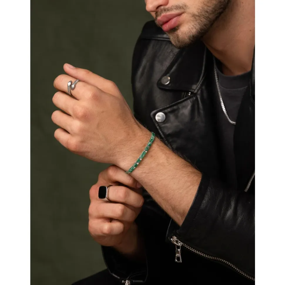 Men's Bracelet with Marbled Green and Silver Miyuki Tila Beads