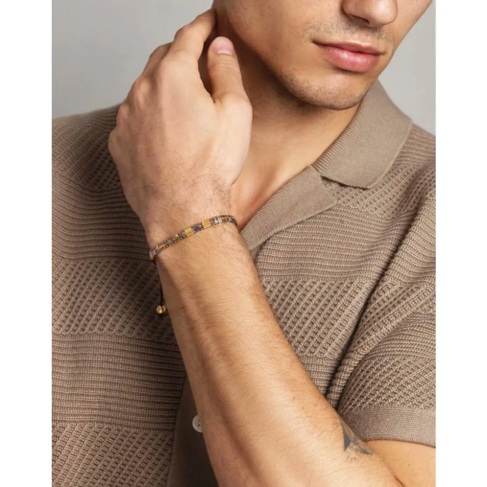 Men's Bracelet with Marbled Amber and Gold Miyuki Tila Beads