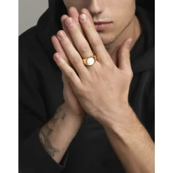 Men's Gold Signet Ring with Pearl Dome