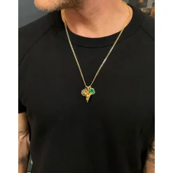 Men's Gold Talisman Necklace with Angel and Malachite Pendant
