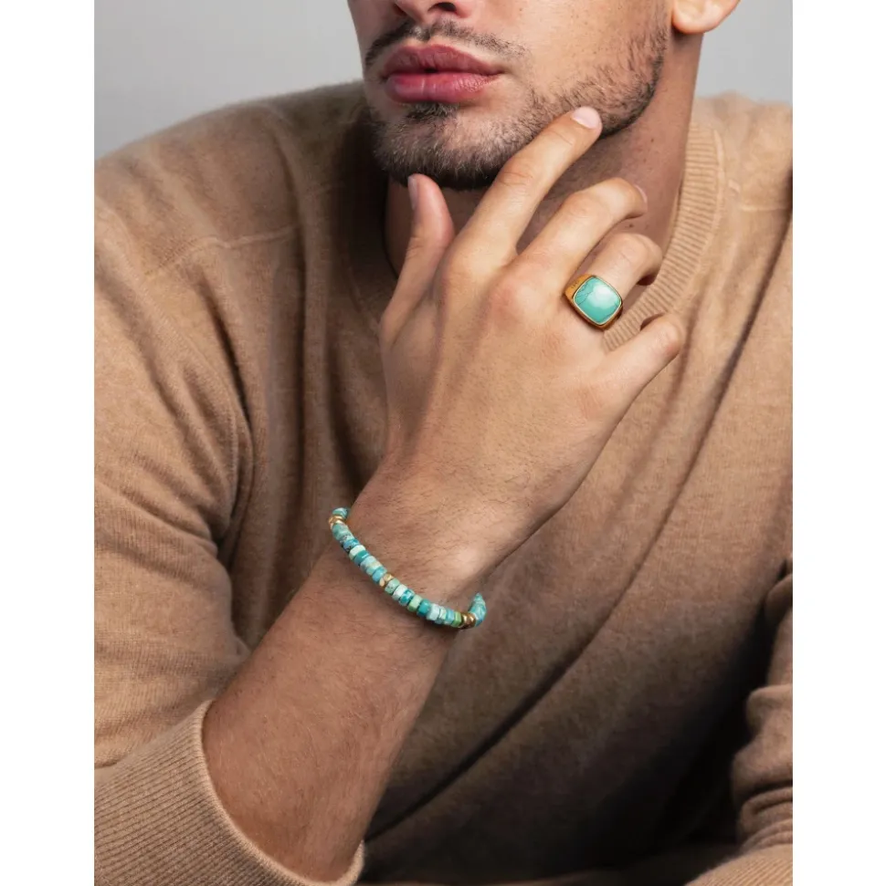 Men's Hexagon Beaded Bracelet with Green Turquoise and Gold