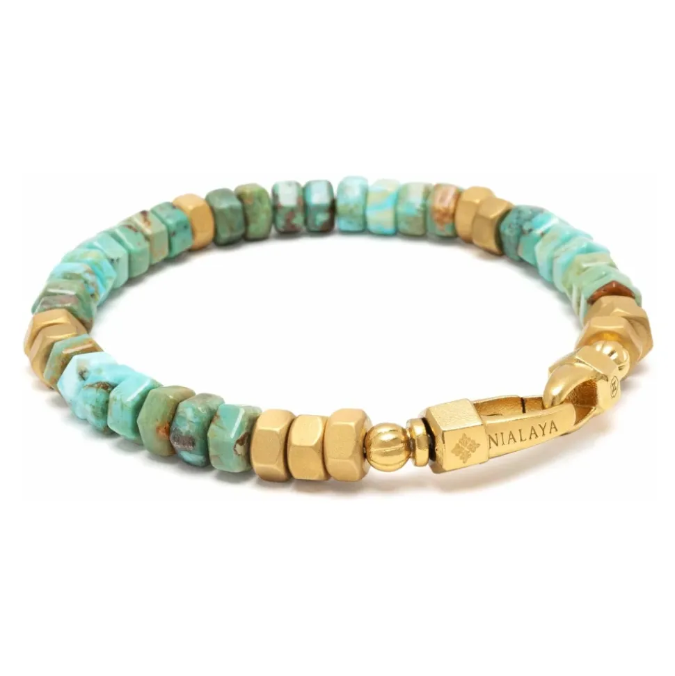 Men's Hexagon Beaded Bracelet with Green Turquoise and Gold