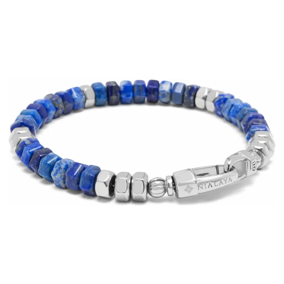 Men's Hexagon Beaded Bracelet with Blue Lapis and Silver
