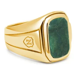 Men's Oblong Gold Plated Signet Ring with Green Jade