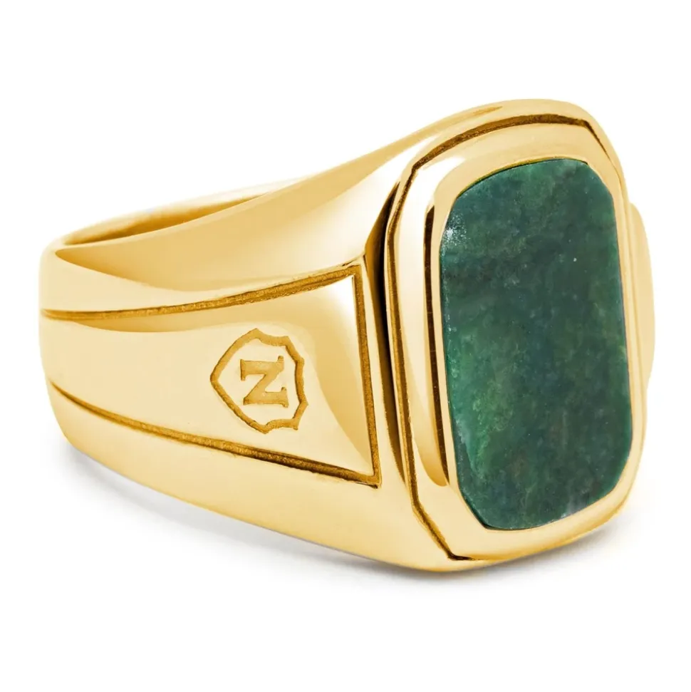 Men's Oblong Gold Plated Signet Ring with Green Jade