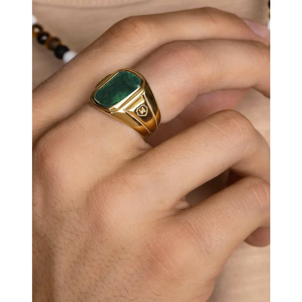 Men's Oblong Gold Plated Signet Ring with Green Jade