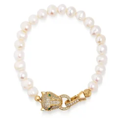 Men's Pearl Bracelet with Gold Panther