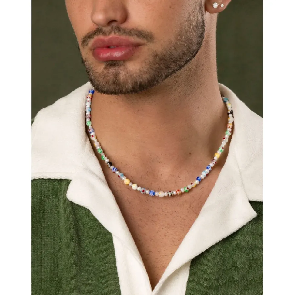 Men's Pearl Necklace with Hand-Painted Glass Beads