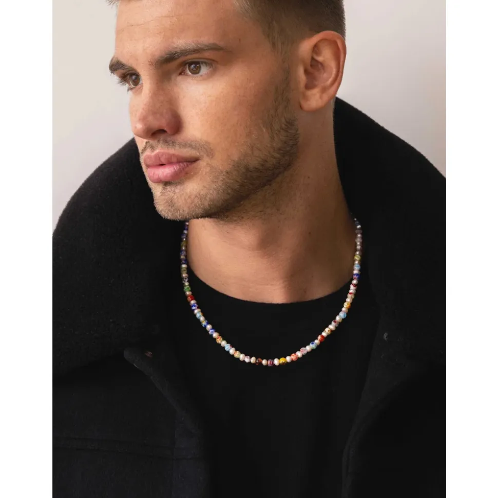 Men's Pearl Necklace with Hand-Painted Glass Beads