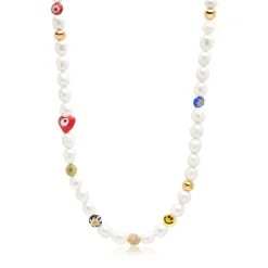 Men's Smiley Face Pearl Necklace with Assorted Beads