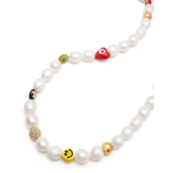 Men's Smiley Face Pearl Necklace with Assorted Beads