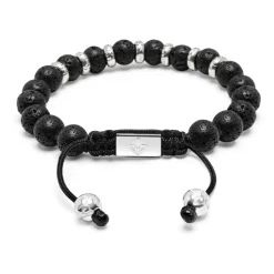 Men's Sterling Silver Beaded Bracelet with Lava Stone