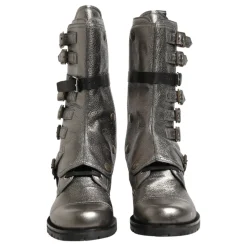 Metallic Leather Buckle Combat Boots