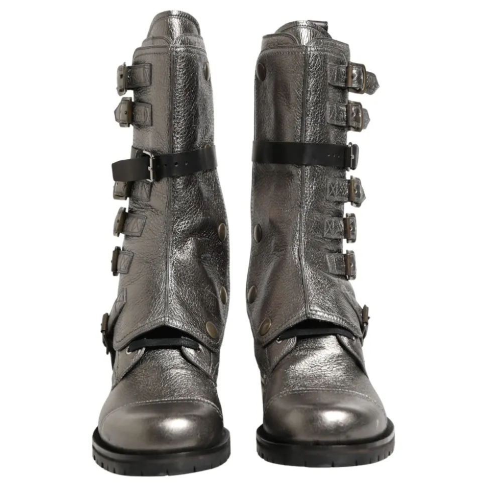 Metallic Leather Buckle Combat Boots
