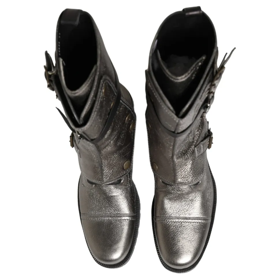 Metallic Leather Buckle Combat Boots
