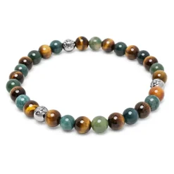 6mm Tiger Eye and Aquatic Agate Bracelet with Silver Balls