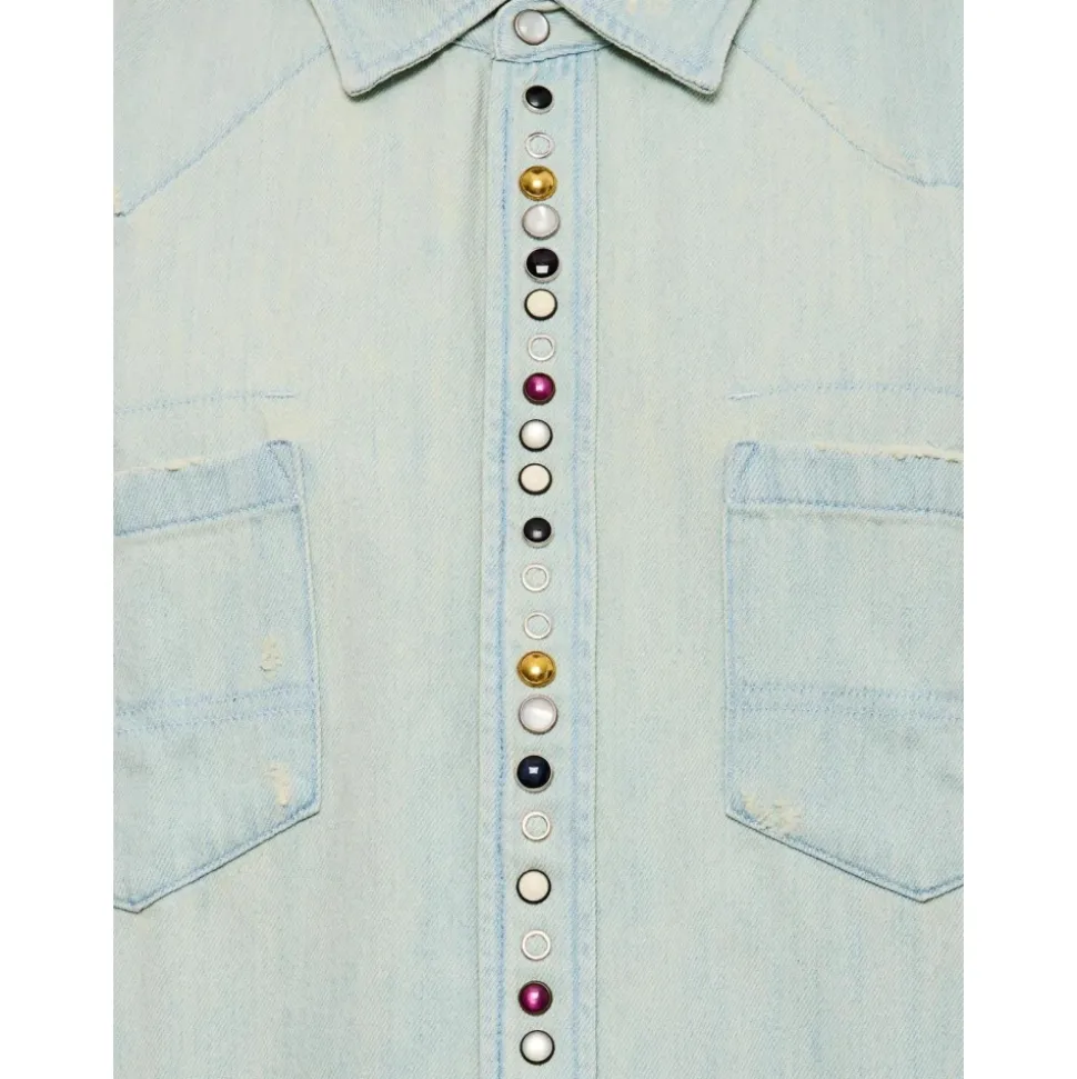Perlenbesetzte Denimbluse